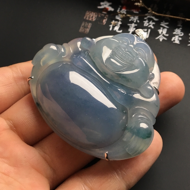 （超值推荐）镶白金钻石冰种紫罗兰飘花玉佛胸坠