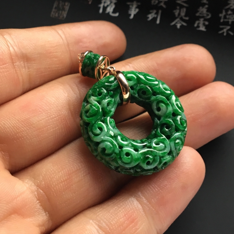 （超值推荐）镶玫瑰金糯冰种浓绿平安环胸坠