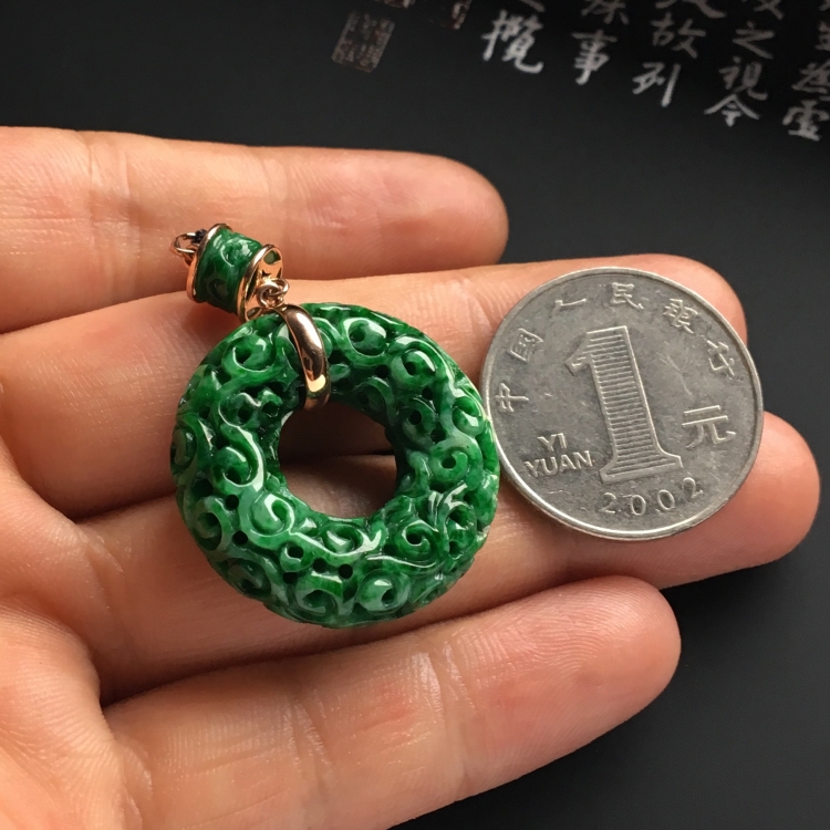 （超值推荐）镶玫瑰金糯冰种浓绿平安环胸坠