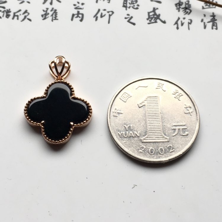 （超值推荐）镶玫瑰金冰种墨翠四叶草胸坠