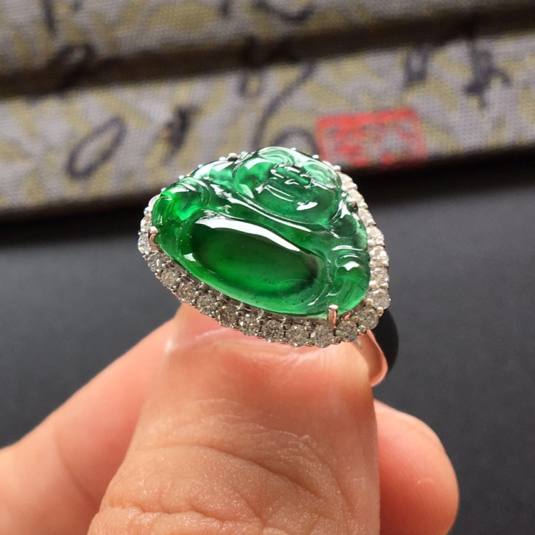 (超值推荐)冰种晴水镶白金钻石玉佛戒指/胸坠两用