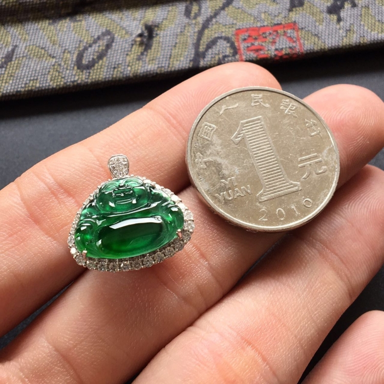 (超值推荐)冰种晴水镶白金钻石玉佛戒指/胸坠两用