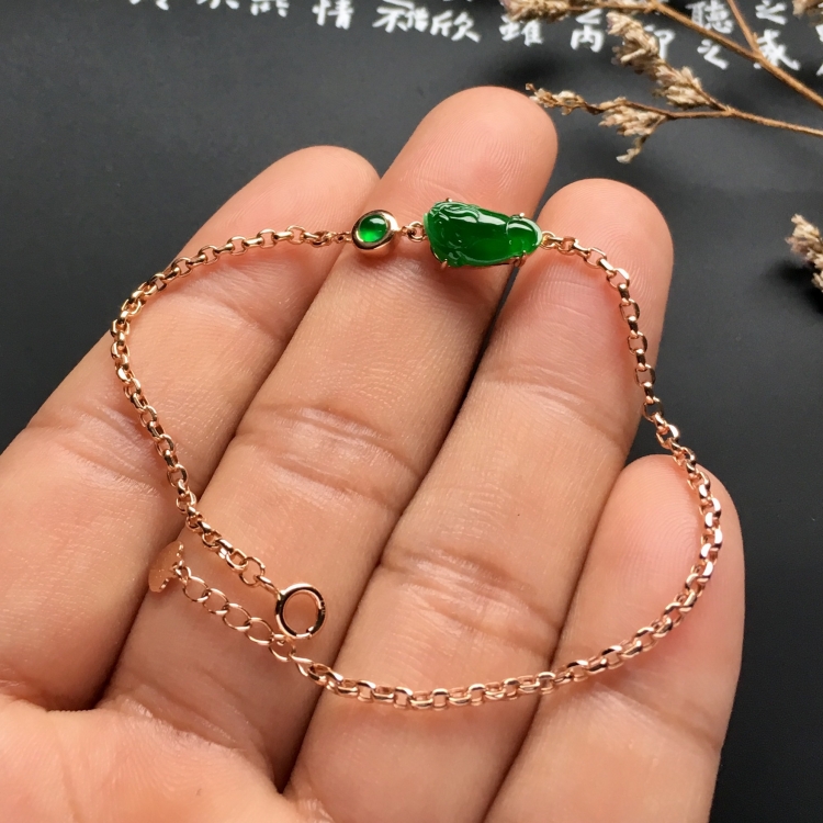 （超值推荐）镶玫瑰金糯冰种翠色招财进宝手链