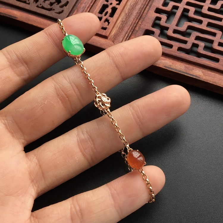 (超值推荐)糯冰种翠色/红翡镶玫瑰金手链