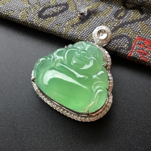 (超值推荐)冰种晴水镶白金钻石玉佛胸坠