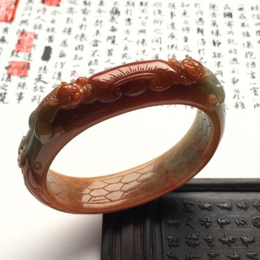 （超值推荐）糯冰种褐红翡欢喜如意贵妃镯（58.8-48.3mm）