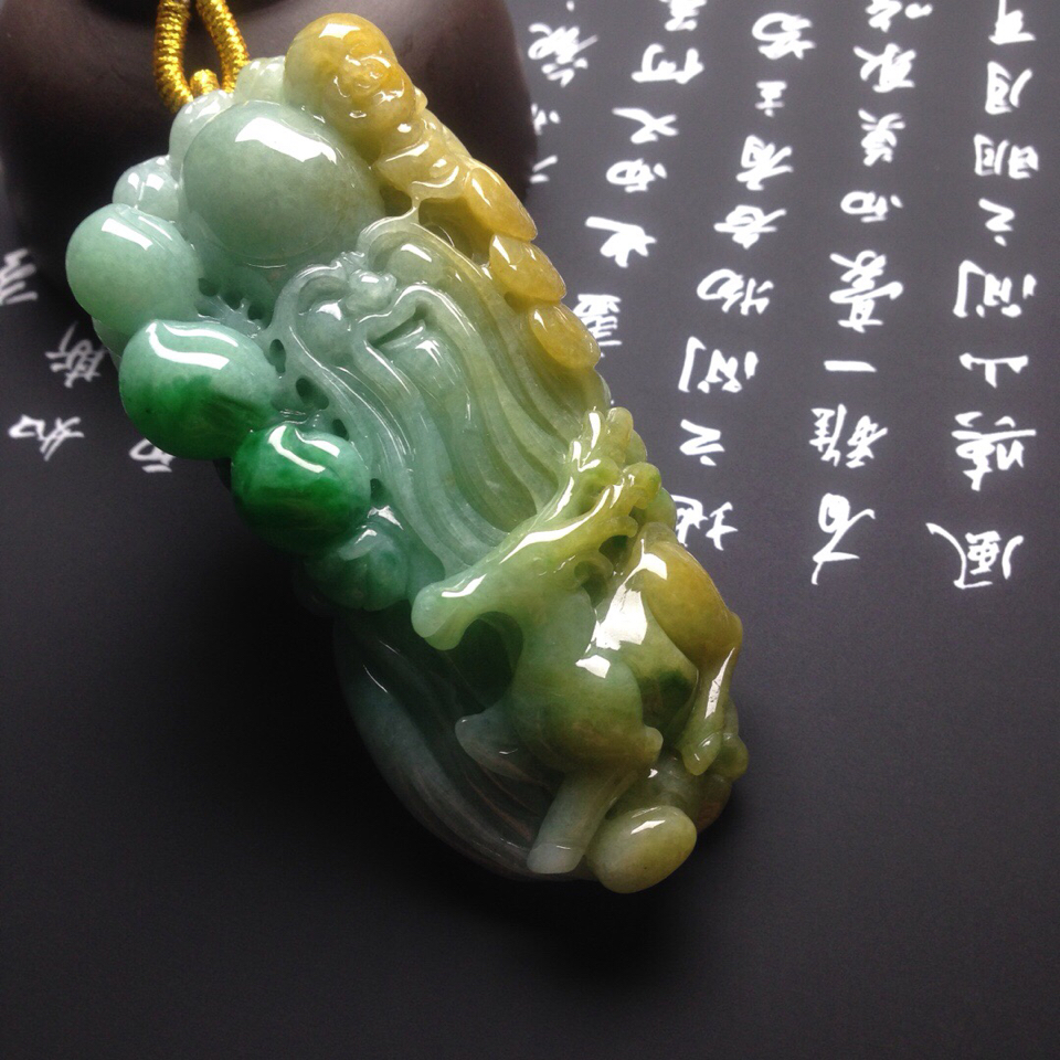 糯冰种黄加绿福禄寿挂件翡翠