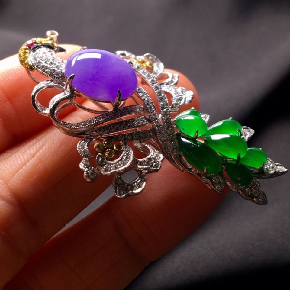 冰种紫罗兰加阳绿镶白金钻石凤凰胸针翡翠