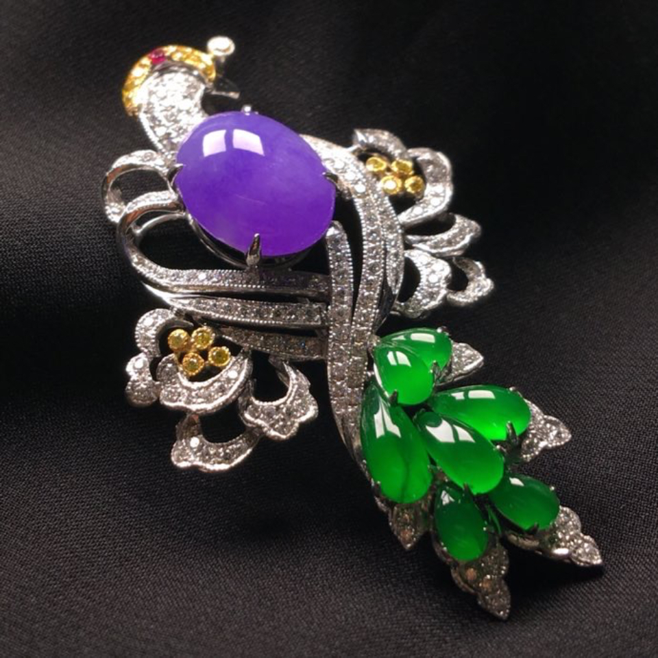 冰种紫罗兰加阳绿镶白金钻石凤凰胸针翡翠