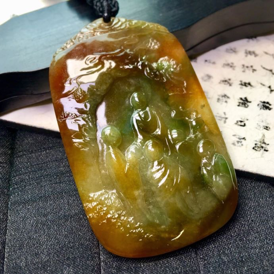 细糯冰种褐黄翡万佛朝宗挂件翡翠