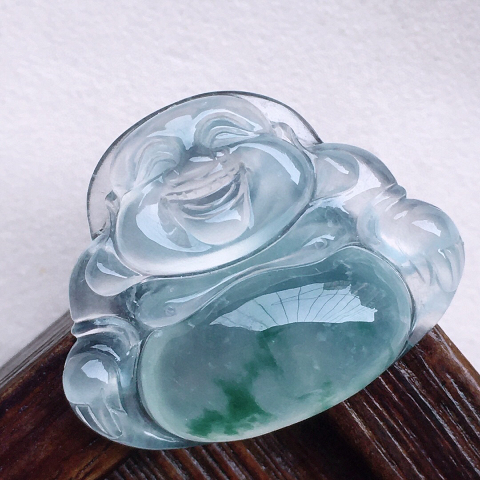 缅甸翡翠保平安糯冰种飘花佛公吊坠