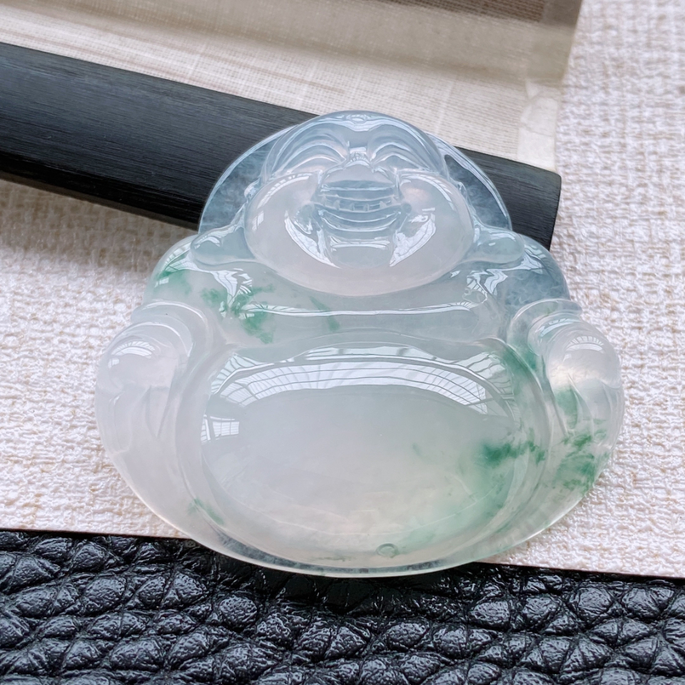 天然翡翠冰种飘花佛公吊坠