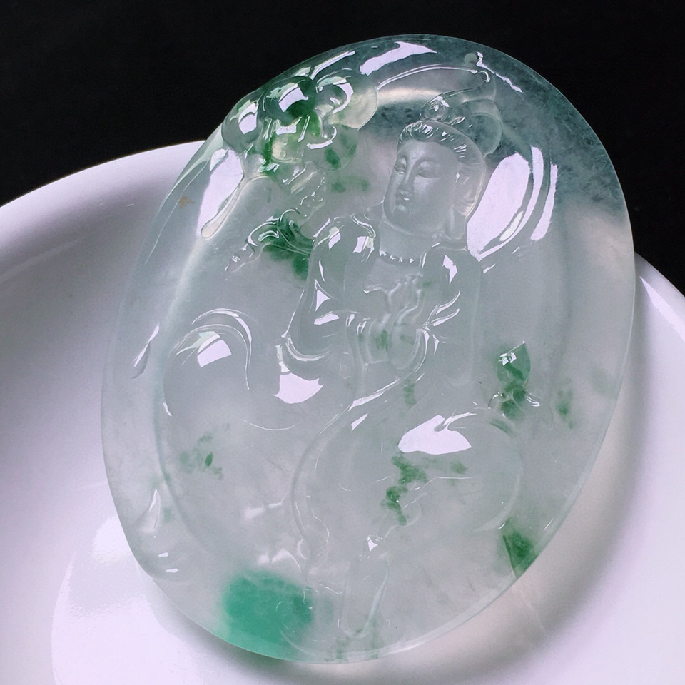 冰玻种飘花莲花观音挂件 翡翠