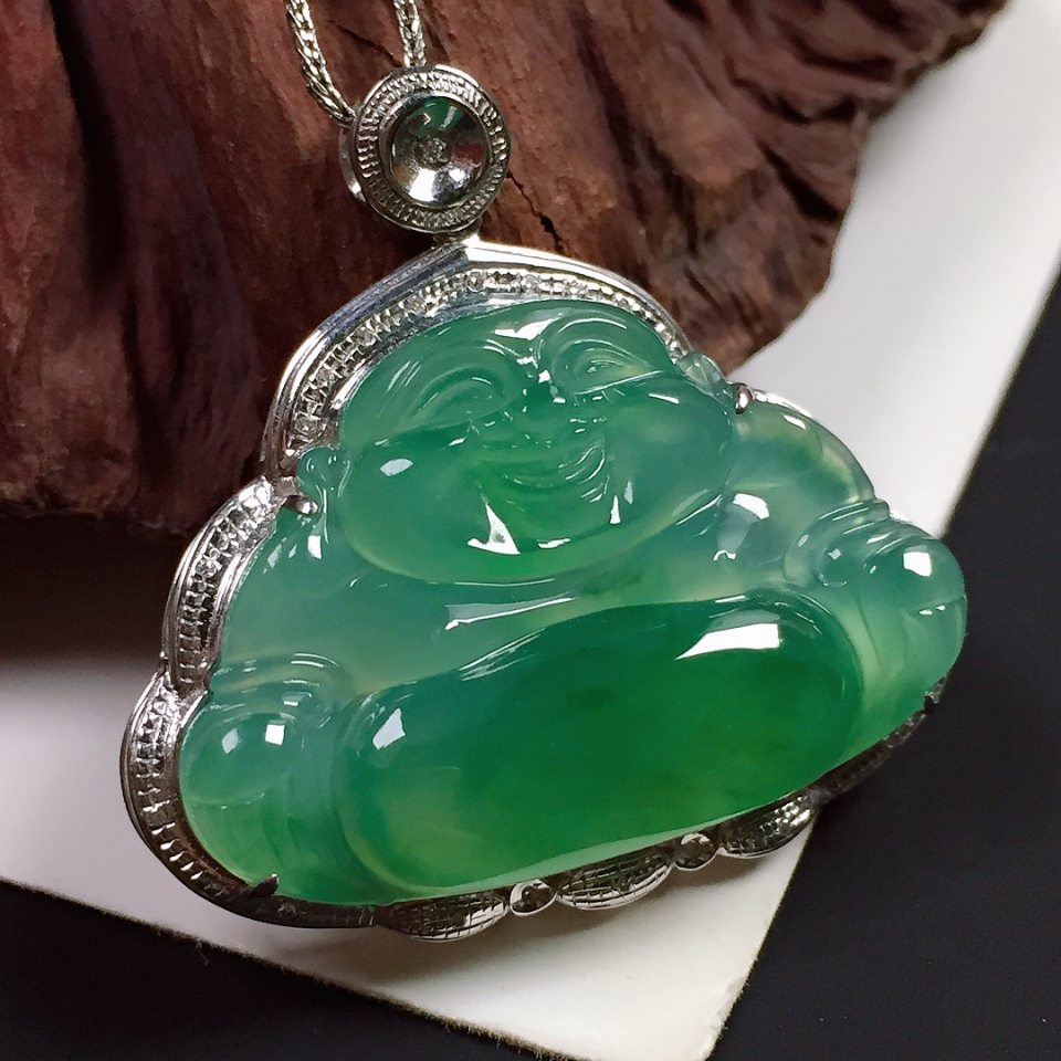 冰种满绿芙蓉绿佛公翡翠挂件
