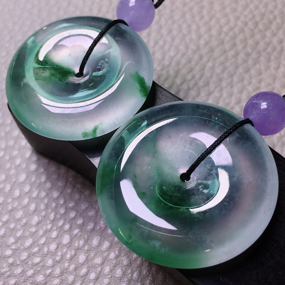 冰玻种飘花平安扣挂件一对翡翠