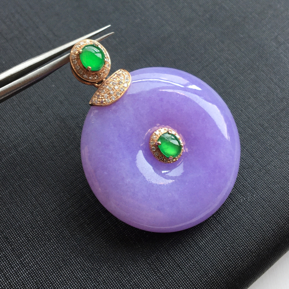 镶18k金伴钻糯冰种紫罗兰翡翠平安扣胸坠